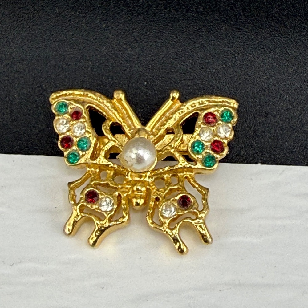 Vintage Estate Butterfly Brooch Gold Tone Rhinestone Faux Pearl Tiny 1in